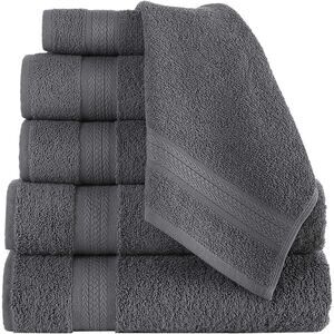 6 Piece Bathroom Cotton Towel Set -2 Washcloth 2 Hand Towel 2 Bath Towel - Gray
